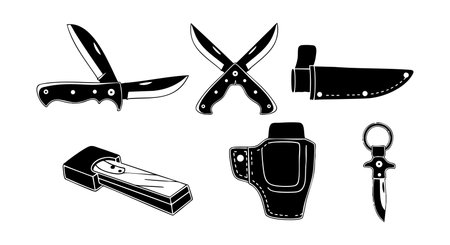 Vector set displaying black silhouette knives and pocket tools including folding knives, fixed blade, holster, and corkscrew in simple style. Versatile and practical collection. Minimalist mood.のイラスト素材
