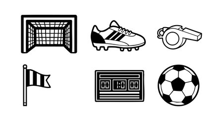 Vector icons show soccer essentials like goal, cleats, whistle, flag, scoreboard, and ball. These simple black and white graphics represent soccer gear and sports equipment. Clean and minimal style. Energetic mood.のイラスト素材