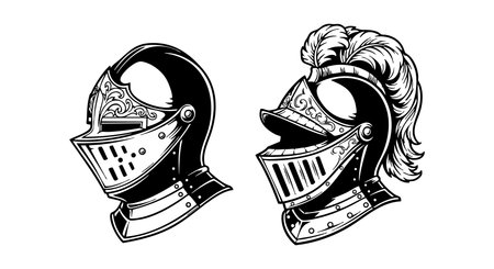 This vector shows two medieval knight helmets with intricate details, one with a plume and the other with a plain visor. The black and white drawing has a classic, historical feel. Timeless and bold.のイラスト素材