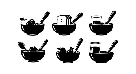 Vector set shows black silhouette icons of breakfast items including bowl with fruits, toast, glass of juice, and spoon in minimal style. Simple and clean design, neutral mood.のイラスト素材