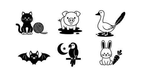 Collection of black silhouette animal icons including cat with yarn, pig, goose, bat, parrot with moon, and rabbit with carrot in vector style. Playful and charming mood.のイラスト素材