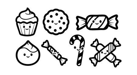 This vector features a cute collection of sweet treats including cupcake, cookie, wrapped candies, and candy cane in black and white line art style. Playful and cheerful.のイラスト素材