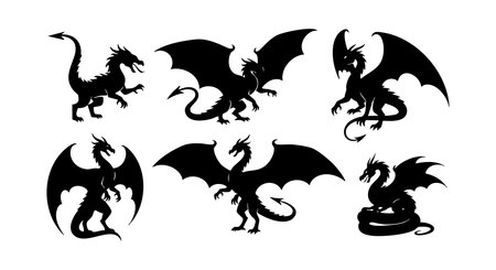 This vector features six black silhouette dragons in different dynamic poses, showing mythical fantasy creatures with wings and tails. Perfect for creative and fantasy-themed projects. Mysterious mood.のイラスト素材