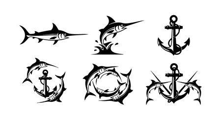 This vector set features swordfish and anchor designs in tribal style, with dynamic ocean wave accents and circular frames. The black and white contrast creates a bold and adventurous mood.のイラスト素材