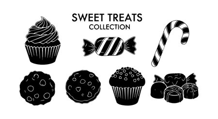 This vector features a variety of sweet treats including cupcakes, candy, candy cane, cookies, and chocolates in black silhouette style, perfect for dessert-themed projects, cheerful.のイラスト素材