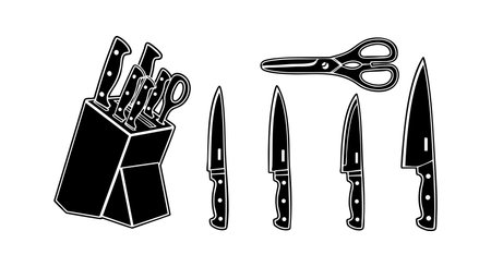 This vector illustration shows a black and white silhouette of a knife set with scissors and a block, representing sharp kitchen utensils in a minimalistic style. Clean mood.のイラスト素材