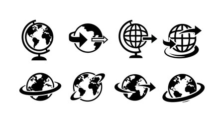 This vector set features black and white globe icons with arrows indicating rotation and movement, symbolizing global navigation and communication in a clean minimalist style. Modern and functional.のイラスト素材