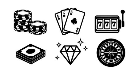 Vector set features casino gambling icons including poker chips, playing cards, slot machine, casino token, diamond symbol, and roulette wheel in black and white style. Playful mood.のイラスト素材