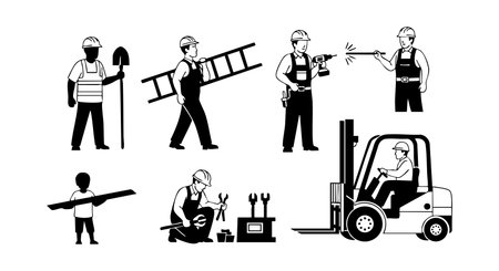Black and white vector shows construction workers with tools, ladder, and forklift in different poses, depicting industrial teamwork and labor in a clean style. Professional mood.のイラスト素材