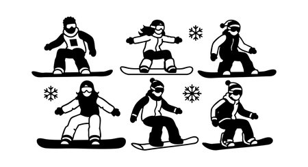 This vector illustration features six dynamic snowboarders performing winter sports tricks, dressed in winter gear with snowflakes around, evoking a lively and energetic mood.のイラスト素材