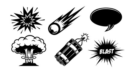 This vector set features comic style explosive icons including a mushroom cloud, bomb, meteor, speech bubble, and blast effects in black and white design. Energetic and dynamic.のイラスト素材