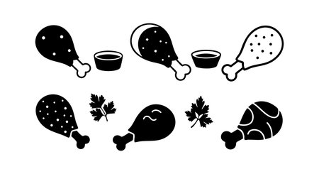 Vector shows seven chicken drumsticks with two sauces and herb leaves in black and white style, perfect for food packaging or cooking projects, with clean and simple visuals, minimalistic and clear mood.のイラスト素材