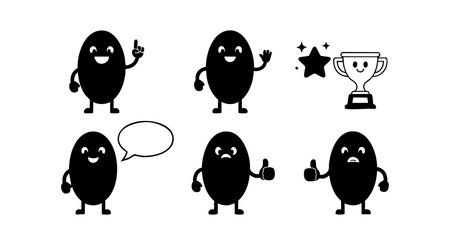 Vector set shows cartoon black bean characters with different expressions and gestures including speech bubble and trophy, conveying positivity and communication in a playful style. Cheerful mood.のイラスト素材