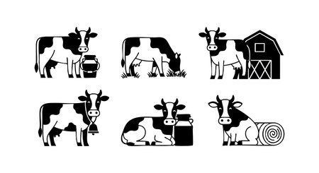 Black and white dairy cows in various poses including grazing, standing, lying down with milk bucket and barn in simple vector style. Calm rural farming scene.のイラスト素材