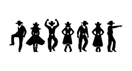 This vector features seven black cowboy and cowgirl silhouettes in various dynamic poses with hats and boots, perfect for western design projects. The style is bold and minimalistic, energetic mood.のイラスト素材