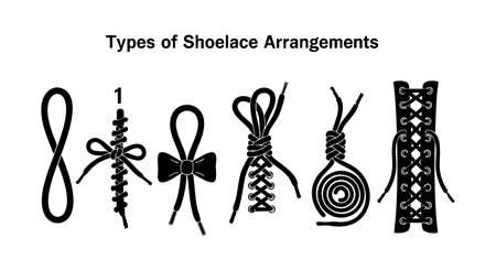 This vector illustration displays six unique shoelace arrangements in black and white, focusing on simple and creative knot designs for footwear laces. Clean and minimalistic style, informative and clear.のイラスト素材