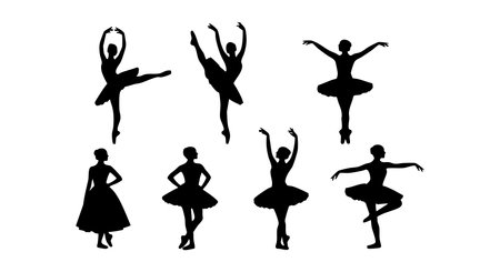 Silhouettes of ballet dancers in different classical poses captured in solid black vector style. The image showcases grace, balance, and artistic expression with a minimalist aesthetic. Elegant mood.のイラスト素材