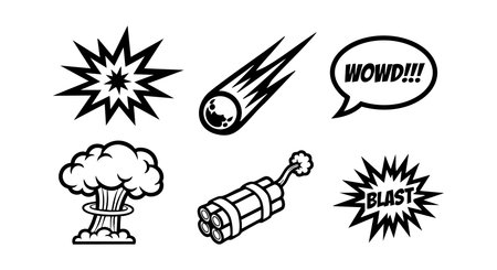 Vector graphic displays comic style icons including explosion, blast, dynamite, meteor, and wow speech bubble in black and white. Design appears bold and energetic. Dynamic mood.のイラスト素材