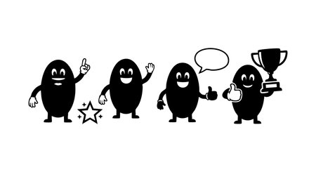 Four playful black bean characters express happiness and achievement with star, speech bubble, thumbs up, and trophy in a lively cartoon style. Cheerful and fun mood.のイラスト素材