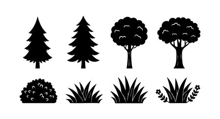 This vector features black silhouettes of various trees and bushes including pine and leafy types, ideal for nature-themed projects and landscape design, creating a calm atmosphere.のイラスト素材