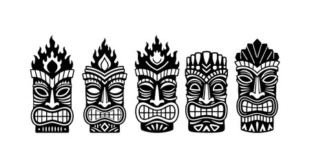Vector art presents five Polynesian tiki masks in black silhouette with tribal designs and flaming crowns, showing cultural motifs and artistic expressions, creating an intense and mysterious mood.のイラスト素材