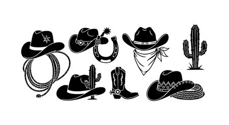 Vector set displays various cowboy hats, rope, horseshoe, cactus, boots, and bandana in black silhouette style, representing western theme with rustic and rugged mood.のイラスト素材
