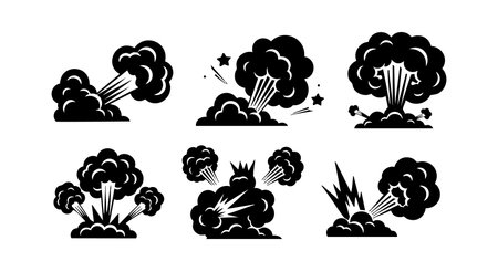 This vector set features six explosion icons with various blast shapes and smoke clouds, ideal for creative projects and graphic design, conveying energy and impact in a bold style. Energetic.のイラスト素材