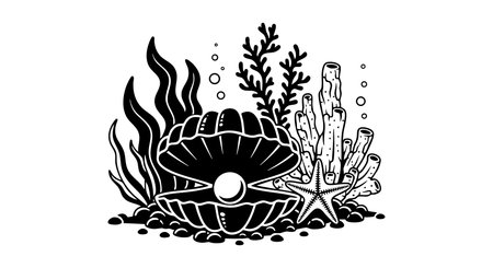 This vector shows an underwater scene with an open shell revealing a pearl, surrounded by seaweed, coral, and a starfish, rendered in black and white style for a classic marine mood.のイラスト素材