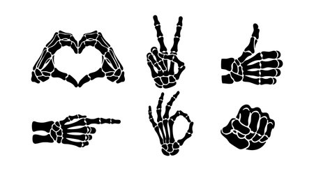 Black skeleton hand gestures illustrate love, peace, approval, direction, okay, and strength in a bold vector style with high contrast. Mood is energetic.のイラスト素材