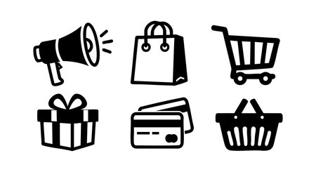 Vector line art icons representing shopping and commerce including megaphone, gift, bag, cart, credit card, and basket in simple black stroke style, clear and modern design, minimalistic mood.のイラスト素材