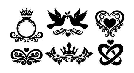 This vector set features romantic elements including a crowned ring, doves with heart, decorative hearts, a crown, and intertwined love symbols. Perfect for wedding and love designs. Elegant.のイラスト素材