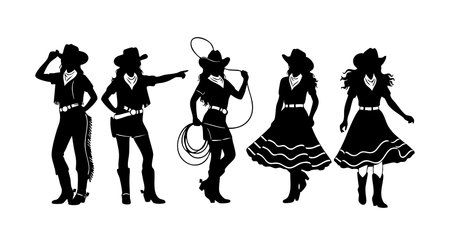 This vector shows cowboy and cowgirl silhouettes wearing hats and western dresses, some holding lassos and striking dynamic poses, evoking a lively western mood.のイラスト素材