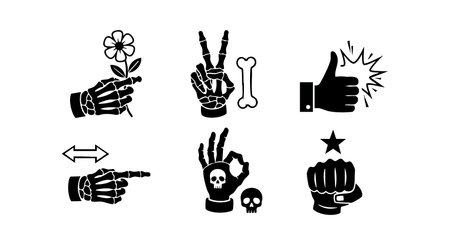 This vector set depicts six black hand gesture icons showing flower, peace sign, bone, thumbs up, skull, and fist symbols in a simple style. Bold and edgy mood.のイラスト素材