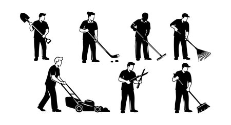 Silhouettes of male gardeners using shovels, rakes, hedge trimmers, and lawn mowers for yard maintenance in a simple black-and-white style. Clean and practical mood.のイラスト素材