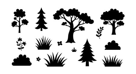 Black silhouette vector set featuring various trees, bushes, grass, and small plants for nature and landscape design, presented in a clean and simple style. Calm mood.のイラスト素材