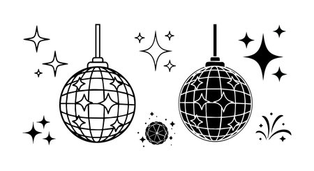 Vector art featuring two disco balls surrounded by sparkling stars and festive elements in black and white style, conveying a lively party atmosphere. Bright and joyful.のイラスト素材