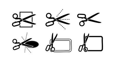 This vector file presents six black silhouette scissors cutting icons with different shapes and styles. The design is simple and clean, suitable for graphic use. Minimalist mood.のイラスト素材