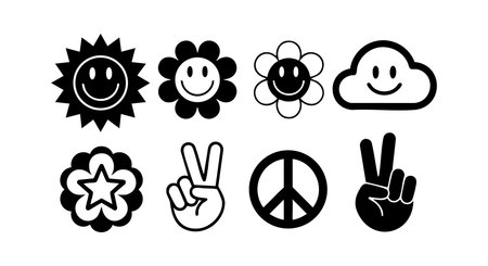 This vector set features smiling sun, flowers, cloud, peace signs, and hand gestures in black and white, expressing positivity and friendliness in a simple style. Cheerful mood.のイラスト素材