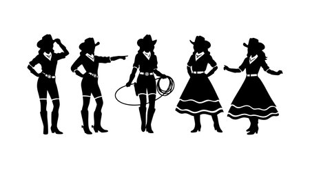 Black silhouettes of cowgirls wearing hats, boots, dresses, and holding a lasso stand in different poses, representing western style with dynamic and bold mood.のイラスト素材