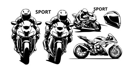 Vector shows sport motorcycle from front and side views with rider wearing helmet in racing posture, capturing speed and motion in black and white style, dynamic and energetic.のイラスト素材