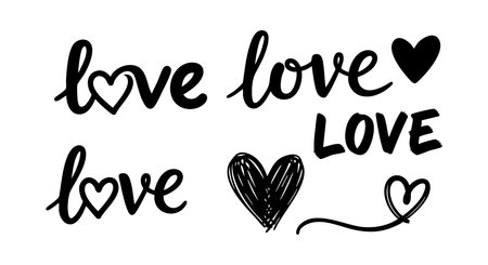 This vector image shows various handwritten love texts with heart shapes in black ink, perfect for romantic themes and designs. The style is casual and charming, evoking warmth.のイラスト素材