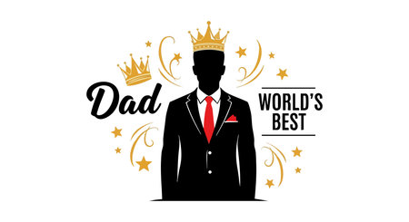 Silhouette of a man in suit with golden crown and red tie, decorated with stars, symbolizing the worlds best dad for Fathers Day, elegant and celebratory mood.のイラスト素材