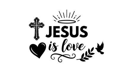 This vector design features the phrase Jesus is love with a cross, heart, dove, and olive branch, symbolizing faith and hope in Christianity, evoking peaceful and uplifting emotions.のイラスト素材