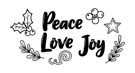 This vector features handwritten Peace Love Joy text surrounded by holly leaves, berries, a star, and decorative swirls, perfect for festive and winter holiday projects, cheerful mood.のイラスト素材