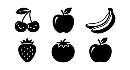 This vector set features black silhouette icons of various fruits including cherry, apple, banana, strawberry, and tomato, designed in a simple and clean style. Minimalistic and clear.のイラスト素材