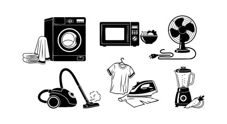 Vector image shows household appliances including washing machine, microwave, fan, vacuum cleaner, iron, blender, and a shirt in simple black silhouette style. Functional and clean design.のイラスト素材
