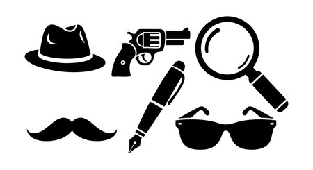This vector file shows a black silhouette collection of detective accessories including a hat, revolver, magnifying glass, pen, mustache, and sunglasses in a clean design style. Sleek mood.のイラスト素材