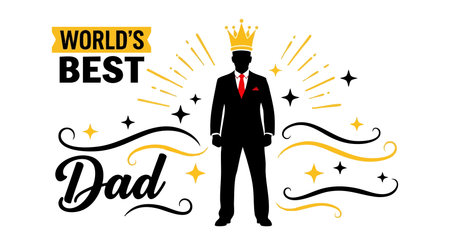 This vector shows a confident man silhouette wearing a crown with golden sparkles and decorative swirls, symbolizing the worlds best father for Father's Day. The mood is proud and celebratory.のイラスト素材
