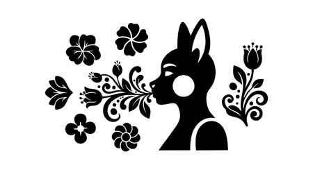 This vector features a black silhouette of a girl blowing floral elements surrounded by decorative plants in monochrome style, creating a delicate and artistic mood.のイラスト素材
