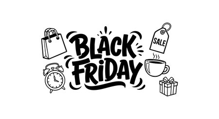 This vector design shows Black Friday text surrounded by icons of a shopping bag, alarm clock, coffee cup, sale tag, and gift box. It captures the busy shopping mood. Energetic.のイラスト素材
